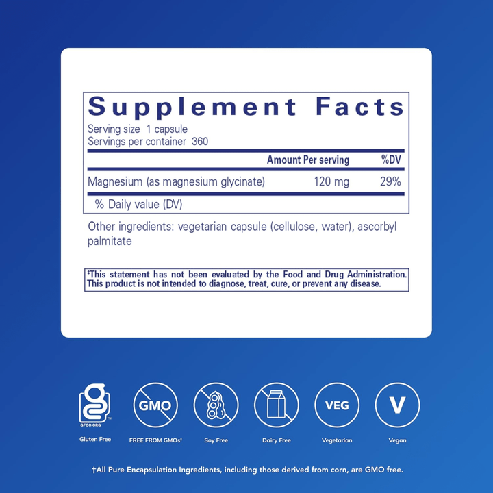 Pure Encapsulations Magnesium Glycinate dietary supplement capsules for stress relief and sleep support, 360 capsules.