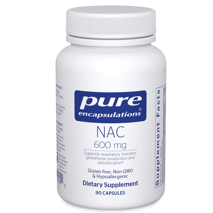 Pure Encapsulations NAC 600mg dietary supplement capsules for immune, lung, and liver antioxidant support.