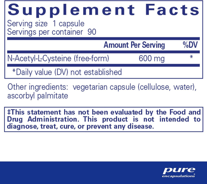 Pure Encapsulations NAC 600mg dietary supplement capsules for immune, lung, and liver antioxidant support, 90 capsules.