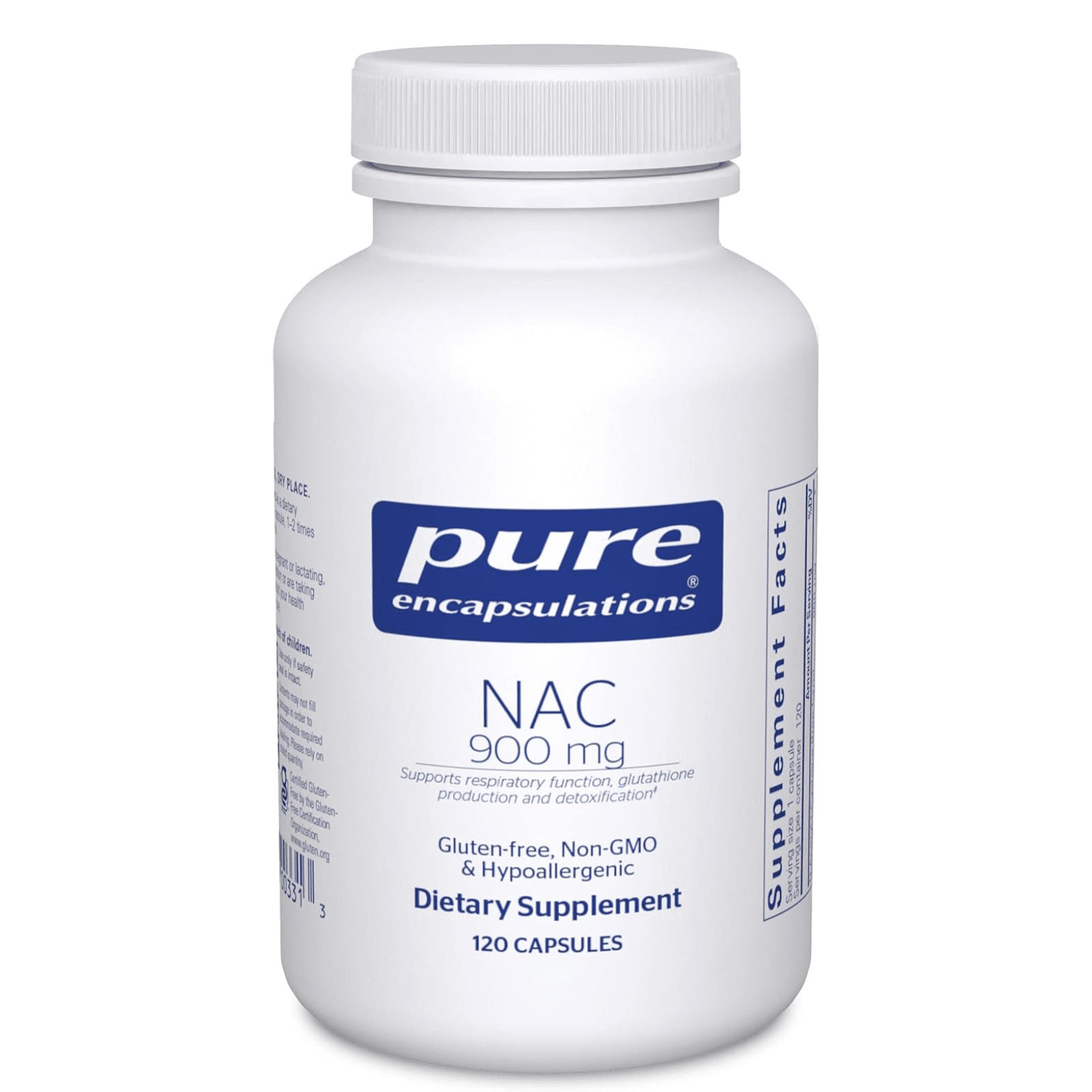 Pure Encapsulations NAC 900 mg dietary supplement capsules for immune, lung, and liver support with amino acids.