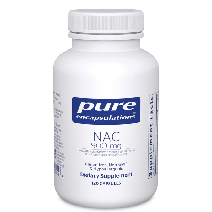 Pure Encapsulations NAC 900 mg dietary supplement capsules for immune, lung, and liver support with amino acids.