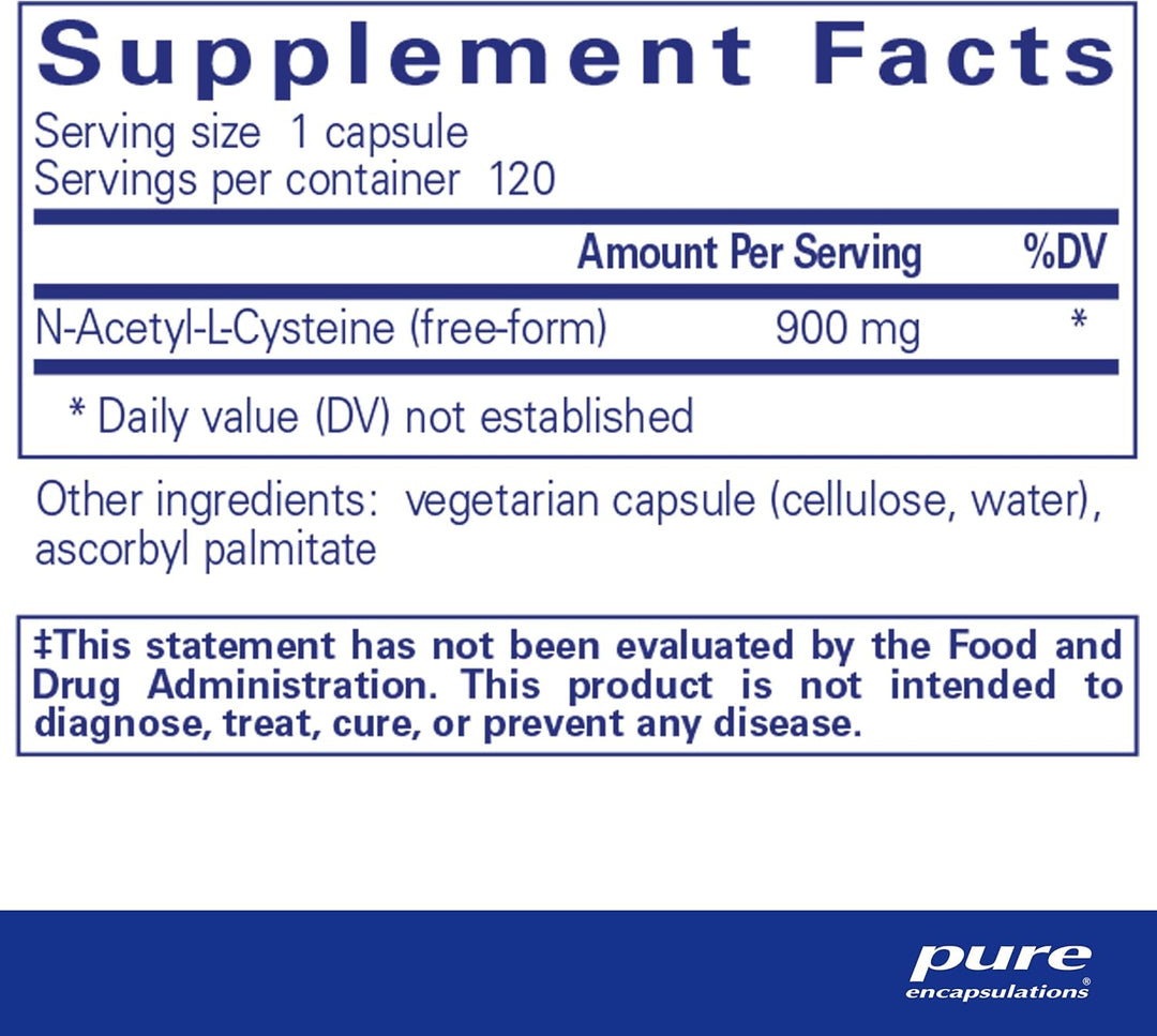 Pure Encapsulations NAC 900 mg dietary supplement capsules for immune, lung, and liver support, 120 capsules.
