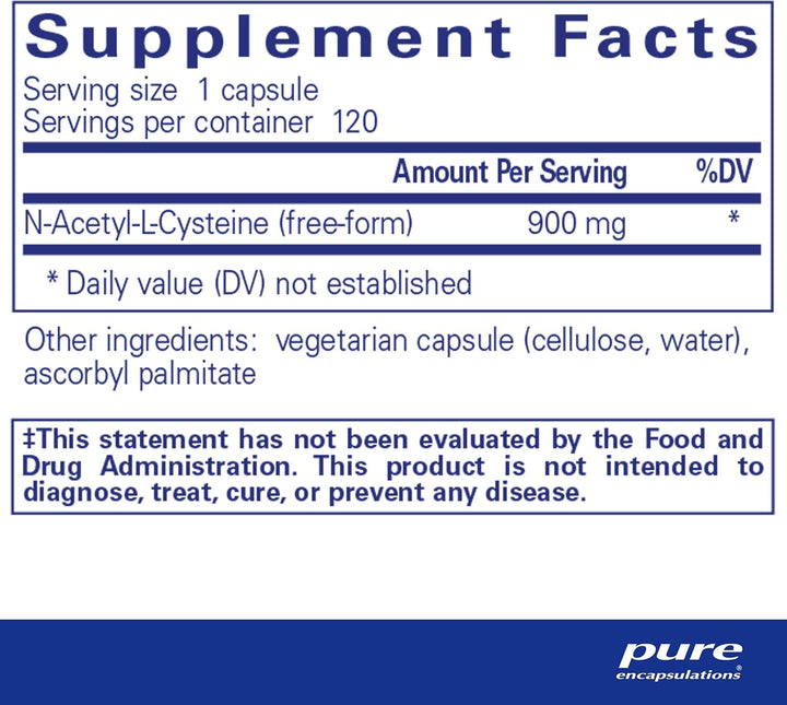 Pure Encapsulations NAC 900 mg dietary supplement capsules for immune, lung, and liver support, 120 capsules.