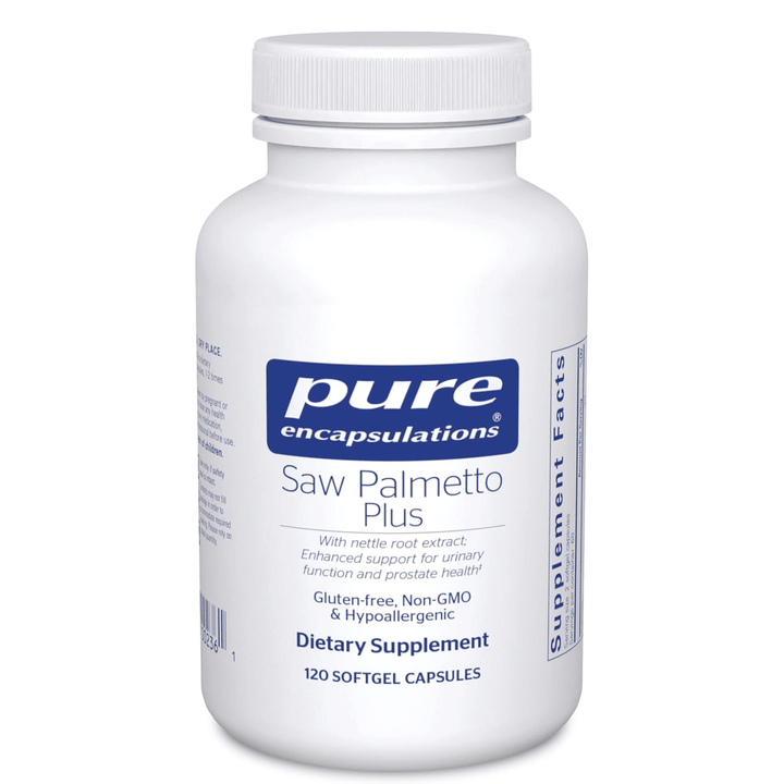 Pure Encapsulations Saw Palmetto Plus prostate support supplement with 120 dietary capsules, natural herbal health product.