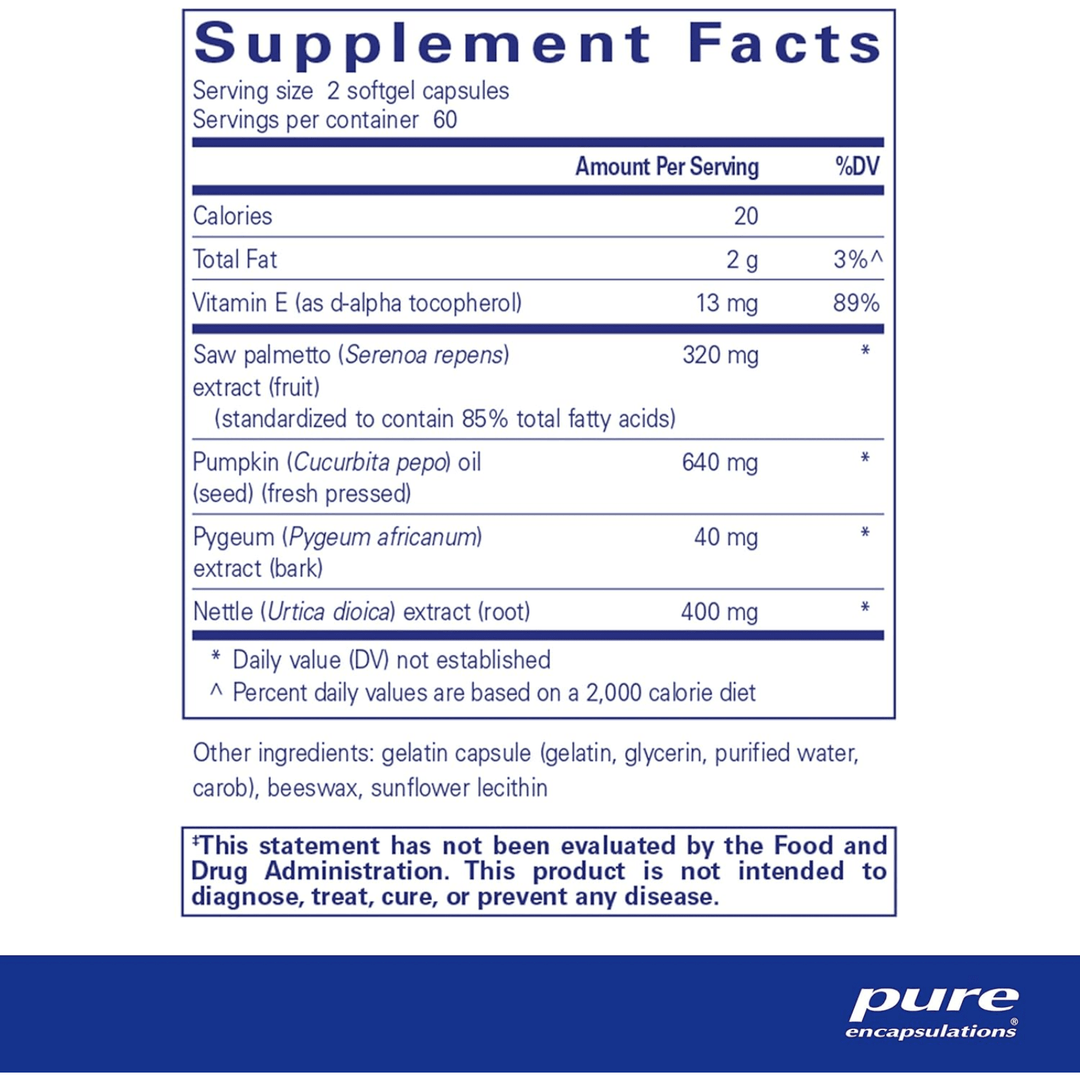Pure Encapsulations Saw Palmetto Plus prostate support supplement in 120 dietary capsule bottles, showing the supplement bottle with label.
