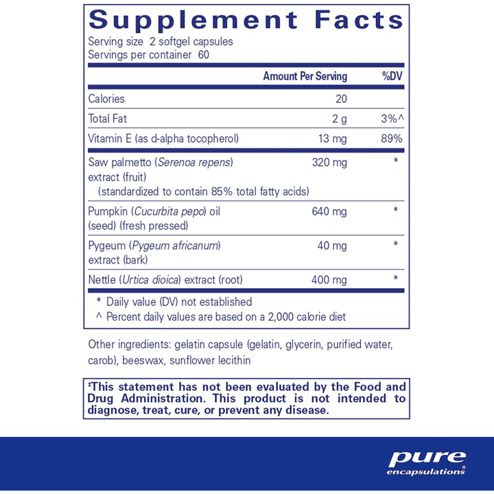 Pure Encapsulations Saw Palmetto Plus prostate support supplement in 120 dietary capsule bottles, showing the supplement bottle with label.