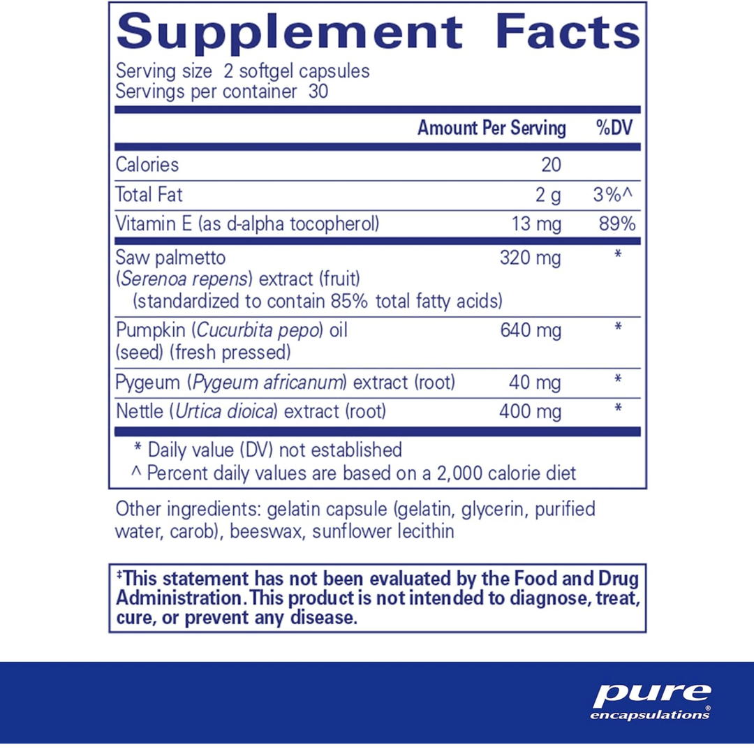 Pure Encapsulations Saw Palmetto Plus prostate support dietary supplement capsules, 60-count bottle, for urinary and prostate health.