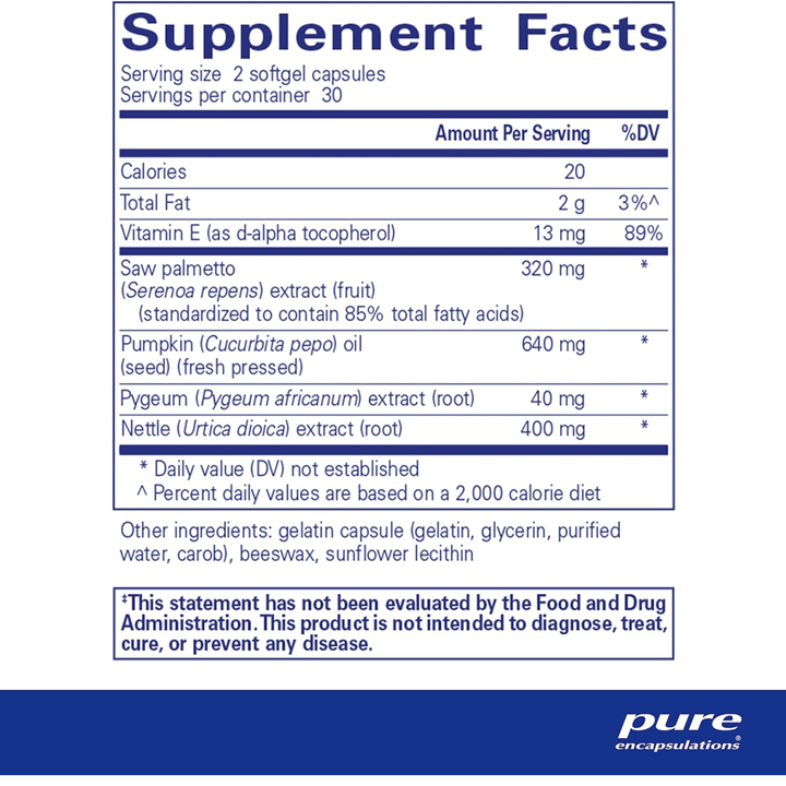 Pure Encapsulations Saw Palmetto Plus prostate support dietary supplement capsules, 60-count bottle, for urinary and prostate health.