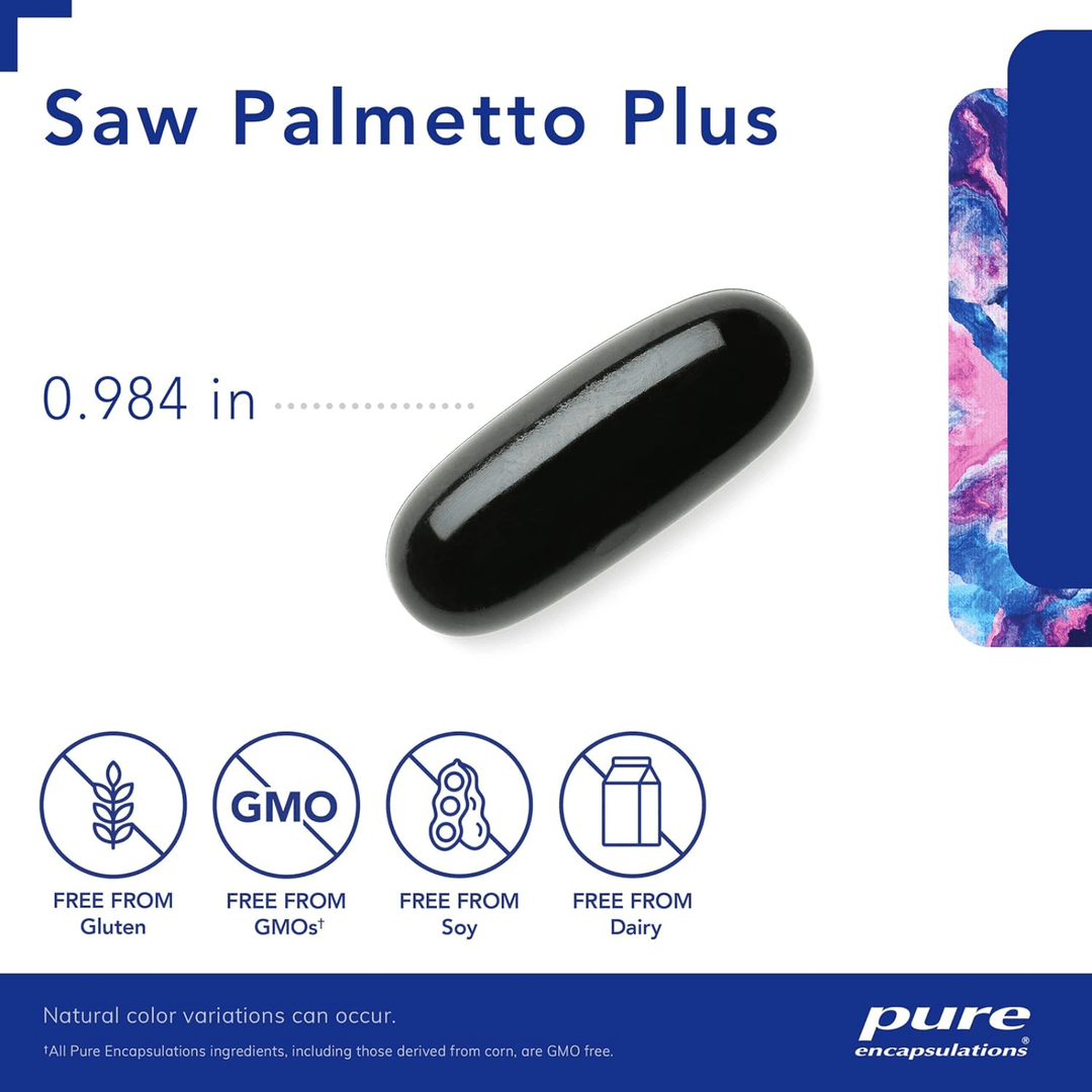 Pure Encapsulations Saw Palmetto Plus prostate support dietary supplement capsules, 60-count bottle.