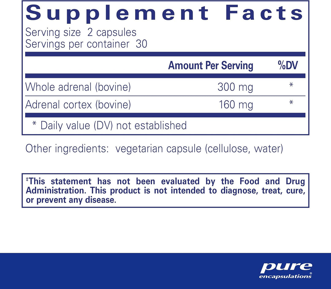 Pure Encapsulations Adrenal Cortex dietary supplement capsules supporting energy, stress relief, and gland health in a bottle of 60 capsules.