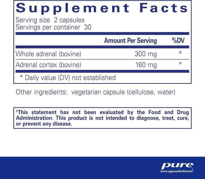 Pure Encapsulations Adrenal Cortex dietary supplement capsules supporting energy, stress relief, and gland health in a bottle of 60 capsules.