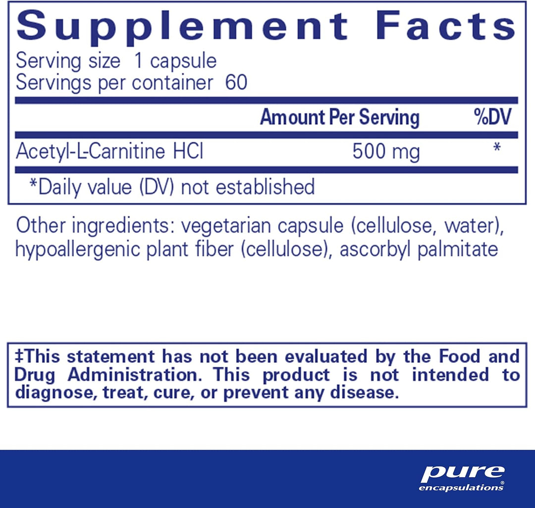 Pure Encapsulations Acetyl L-Carnitine dietary supplement bottle with 60 capsules supporting memory, focus, and brain health.