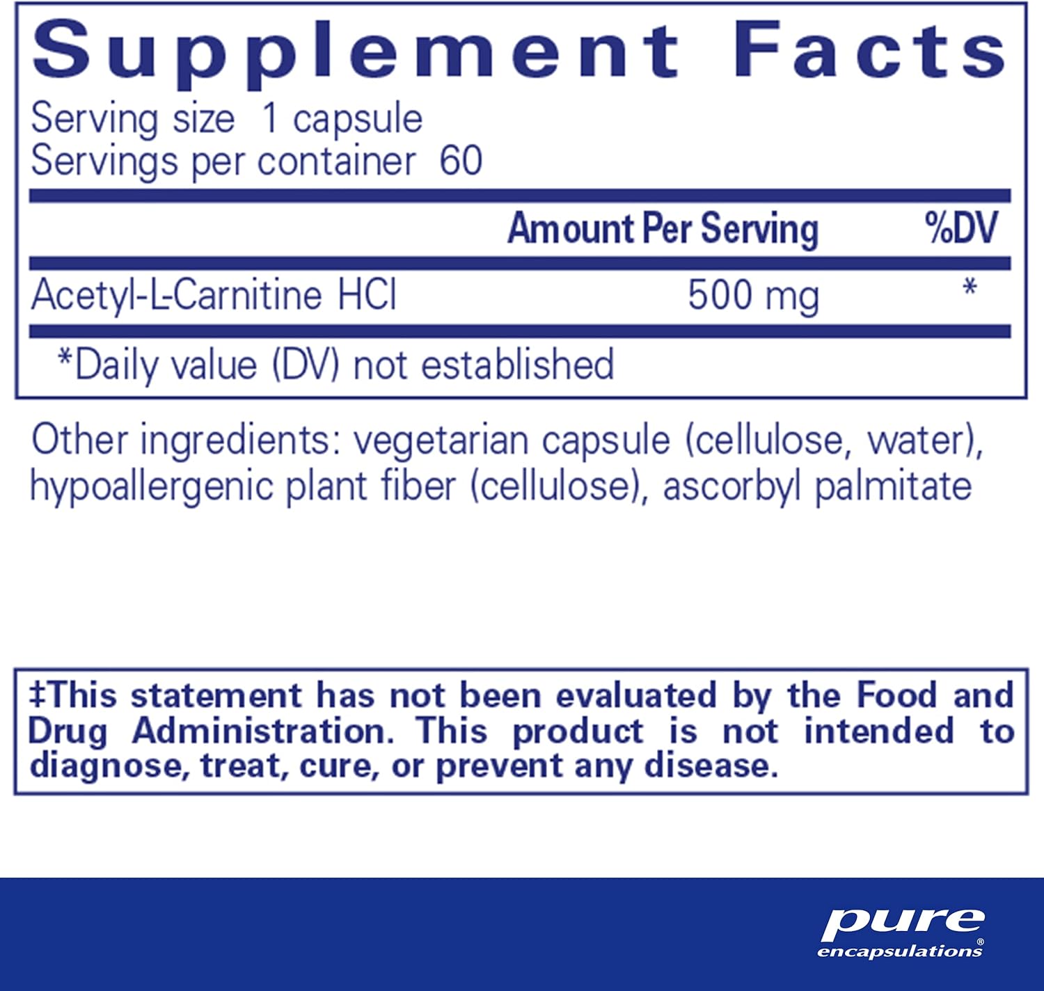 Pure Encapsulations Acetyl L-Carnitine dietary supplement bottle with 60 capsules supporting memory, focus, and brain health.