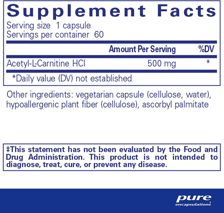 Pure Encapsulations Acetyl L-Carnitine dietary supplement bottle with 60 capsules supporting memory, focus, and brain health.