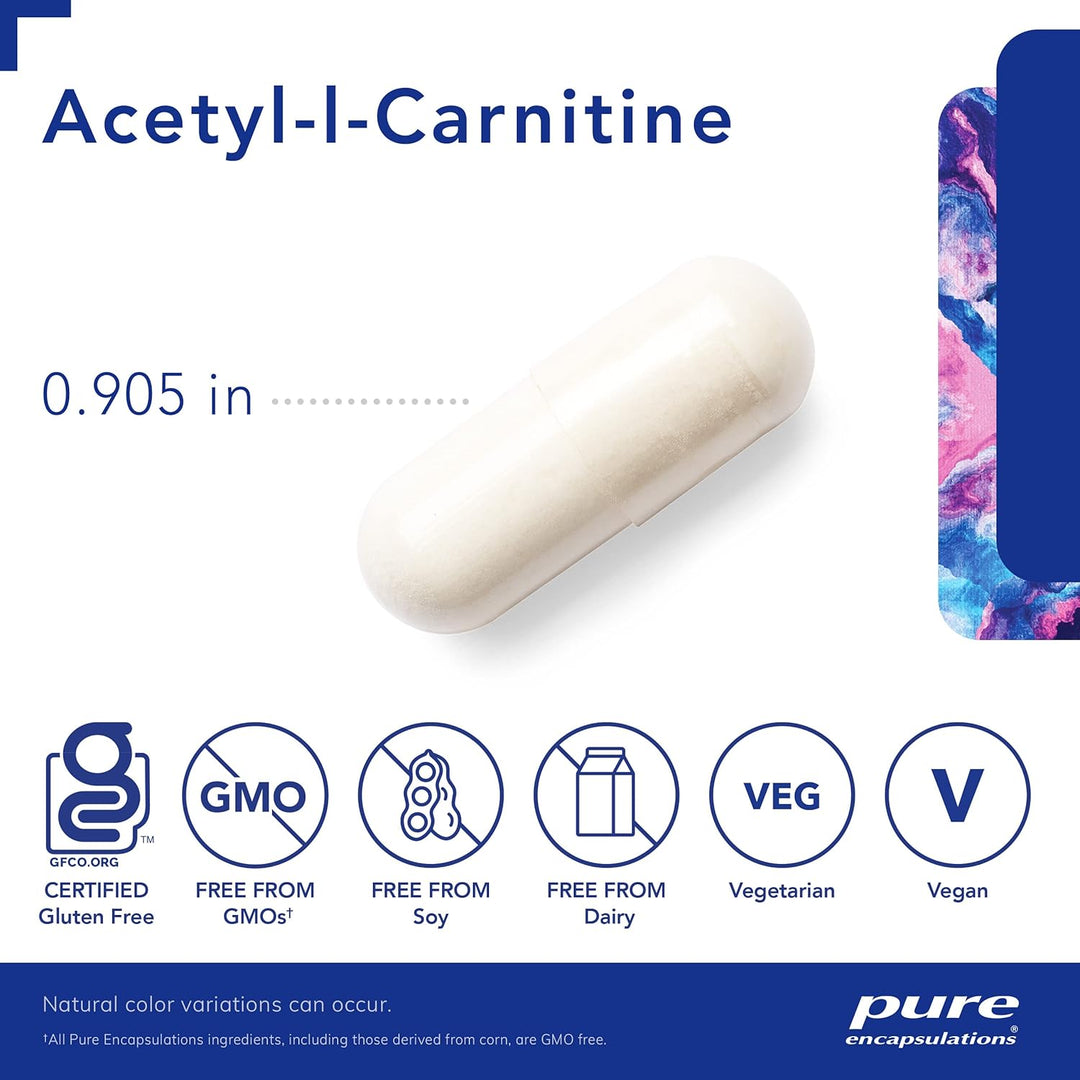 Pure Encapsulations Acetyl L-Carnitine dietary supplement capsules supporting memory, focus, and brain health.