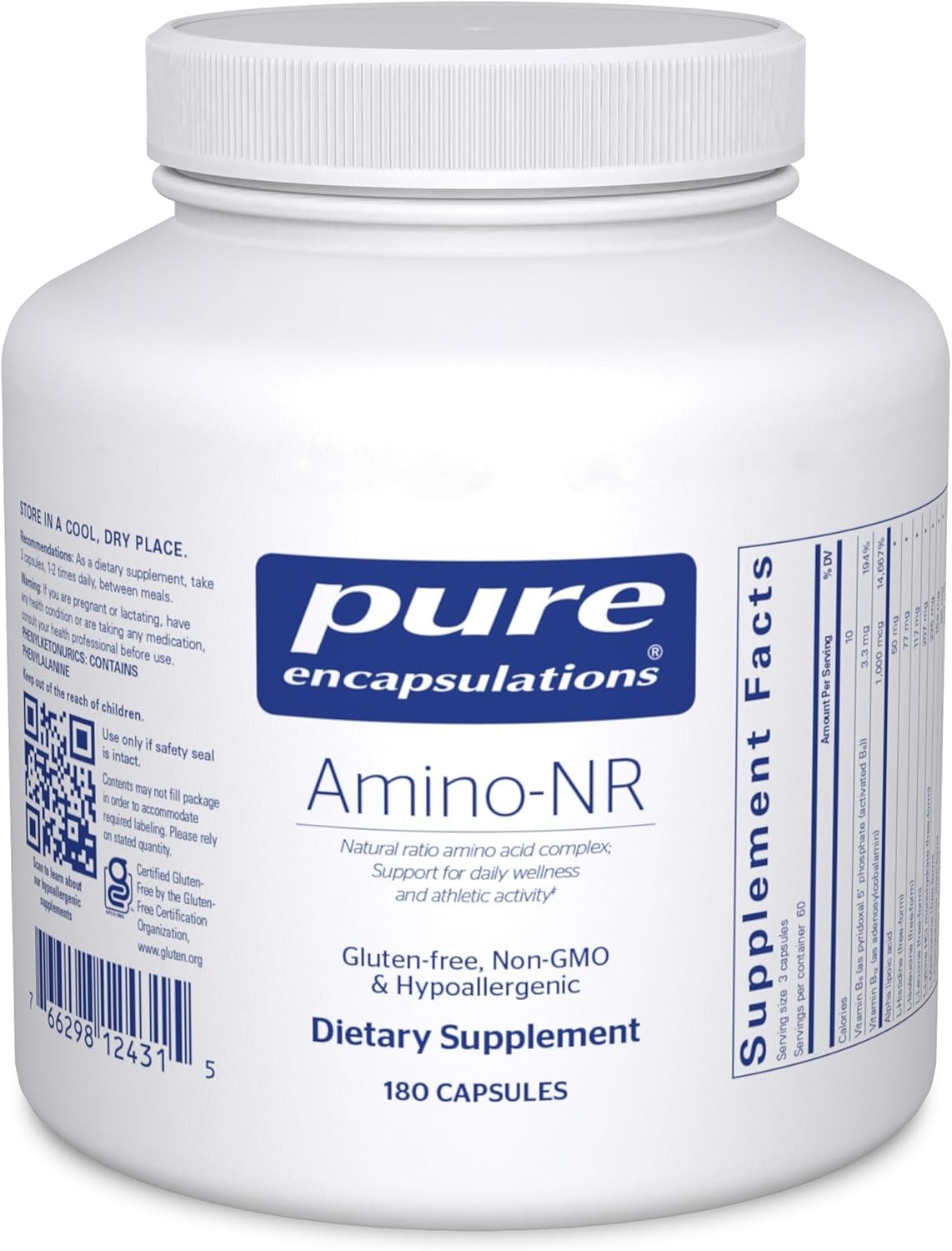 Pure Encapsulations Amino-NR dietary supplement capsules for energy support and recovery in a bottle of 180 capsules.