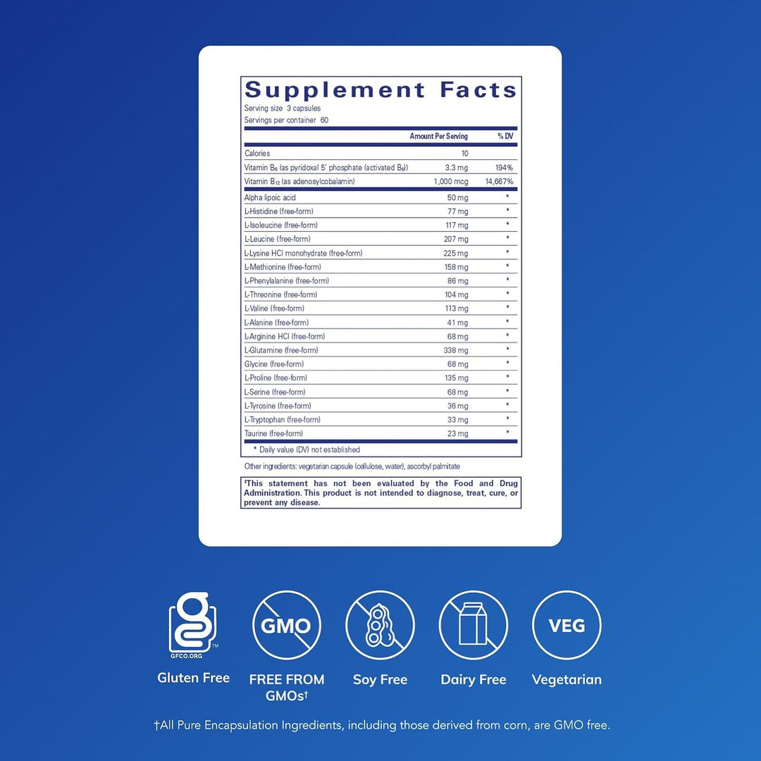 Pure Encapsulations Amino-NR dietary supplement capsules for energy support and recovery, shown in a bottle.