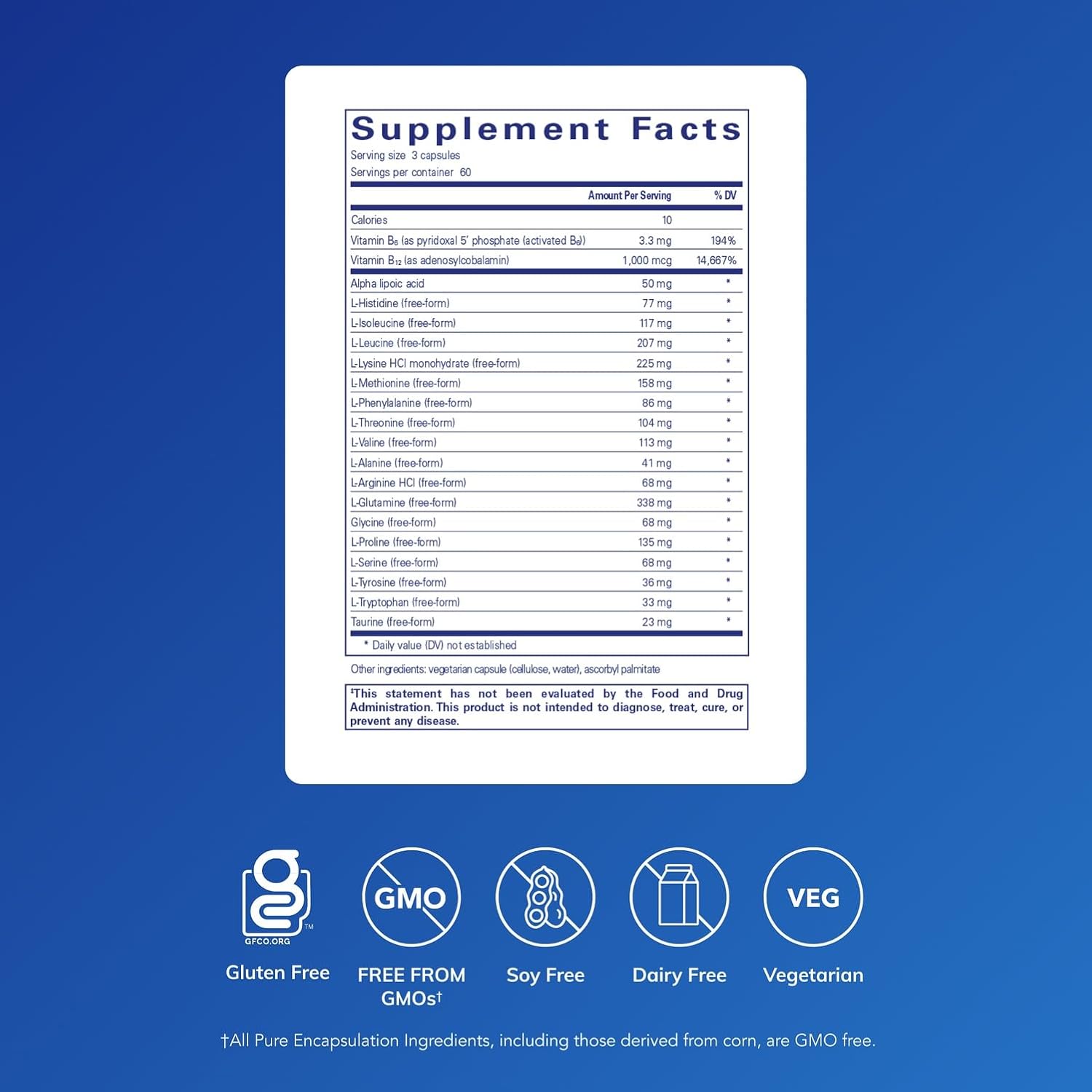 Pure Encapsulations Amino-NR dietary supplement capsules for energy support and recovery, shown in a bottle.