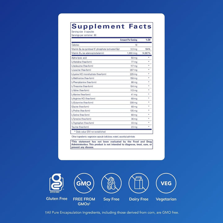Pure Encapsulations Amino-NR dietary supplement capsules for energy support and recovery, shown in a bottle.