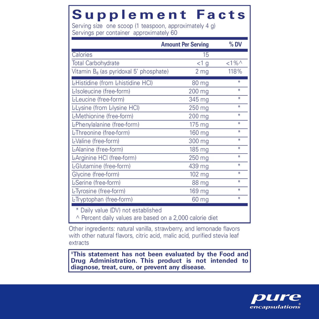 Pure Encapsulations Amino Replete dietary supplement powder supporting muscle and energy, 240 grams.