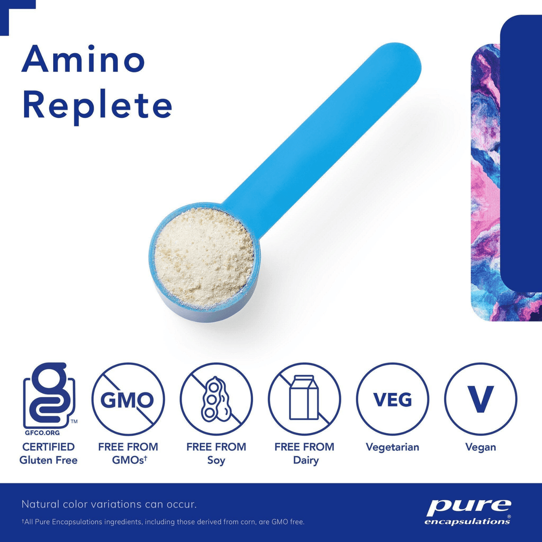 Pure Encapsulations Amino Replete dietary supplement powder supports muscle and energy, shown in a 240g container.