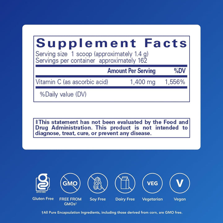 Pure Encapsulations Ascorbic Acid Powder dietary supplement in an 8-ounce container, supports immune function with vitamin C.