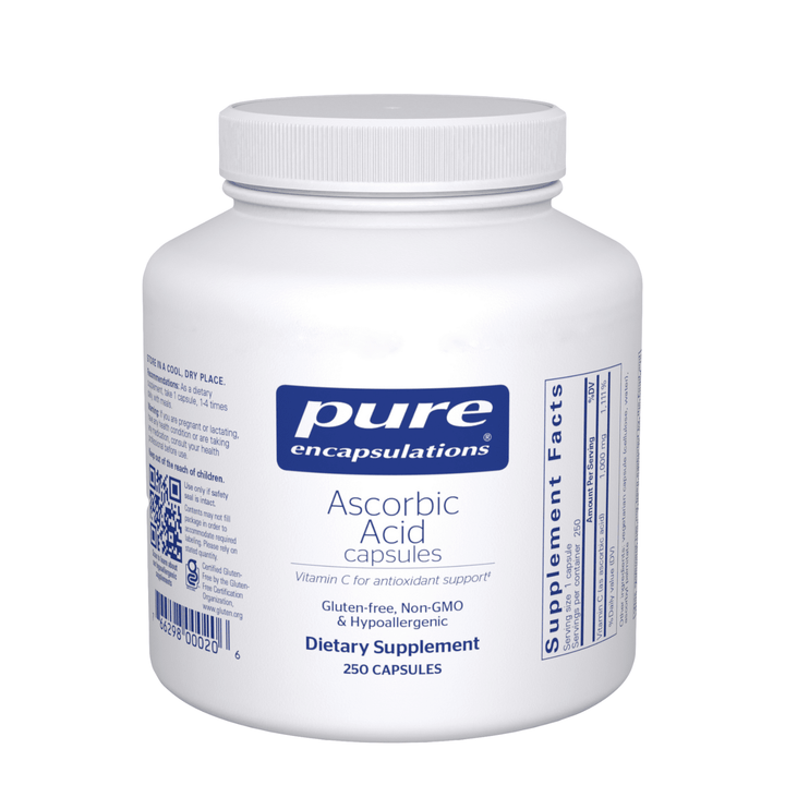 Pure Encapsulations Ascorbic Acid Dietary Supplement bottles with 250 capsules for immune support.
