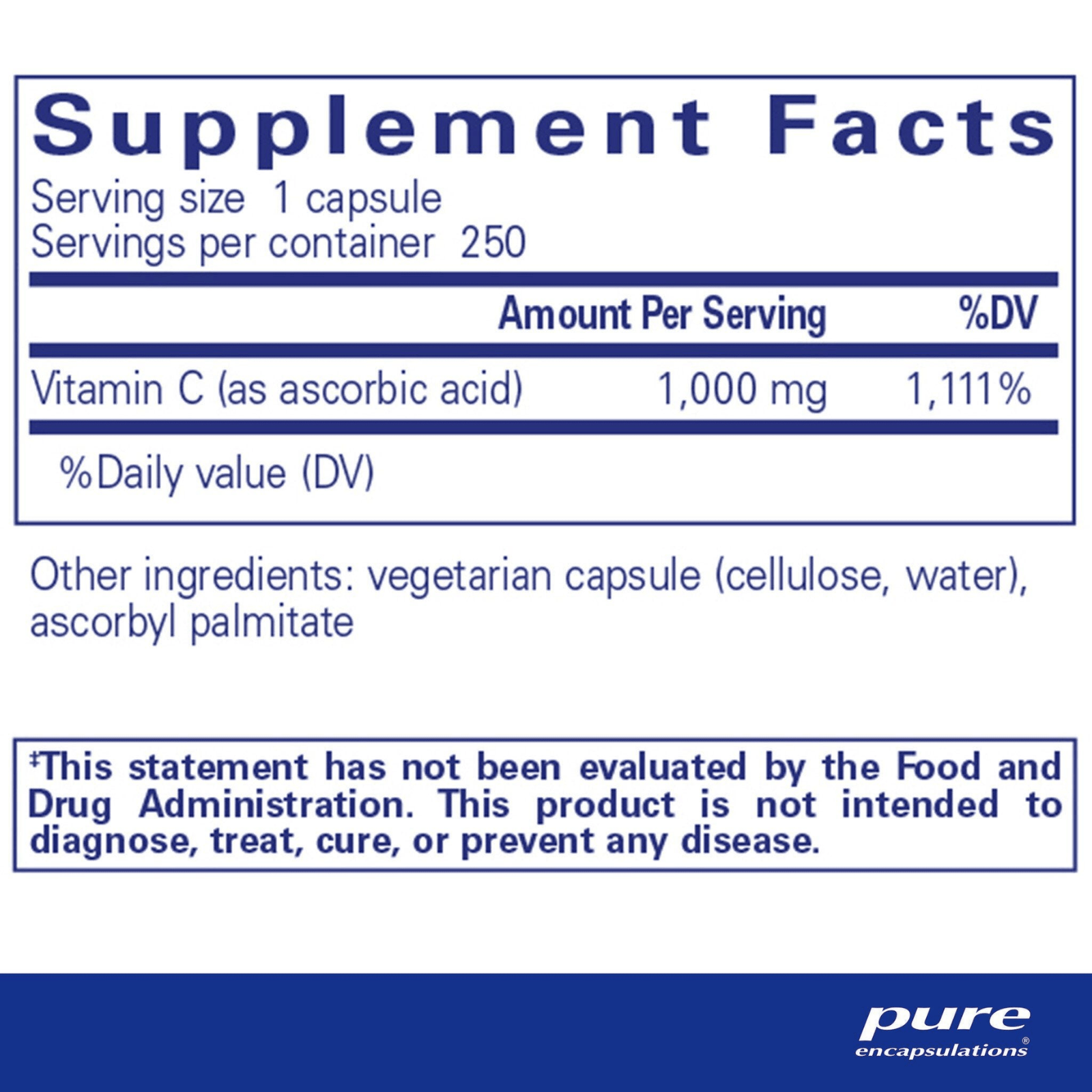 Pure Encapsulations Ascorbic Acid dietary supplement bottle with 250 capsules, supporting immune function.