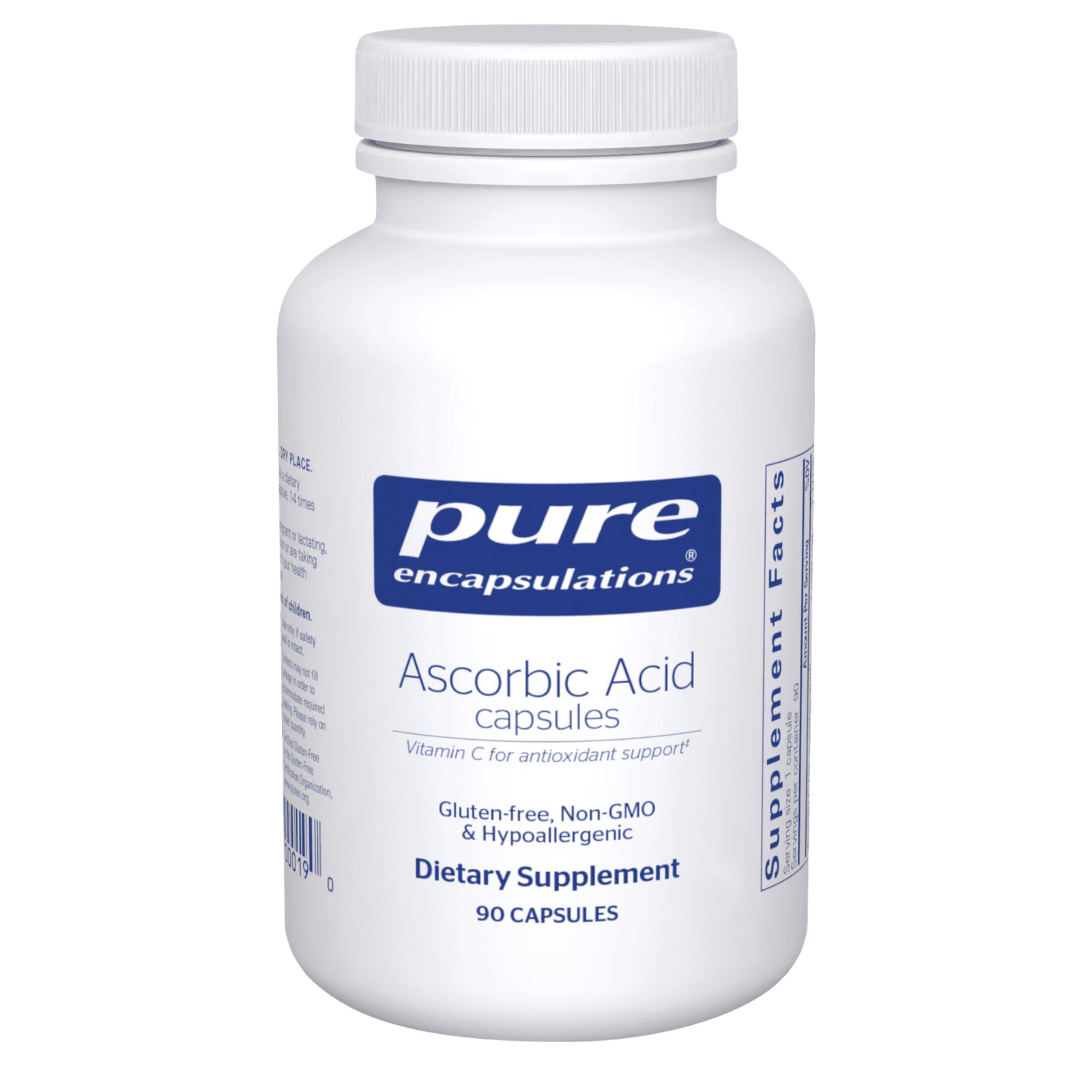Pure Encapsulations Ascorbic Acid dietary supplement bottle with 90 capsules for immune support, shown in clear view.