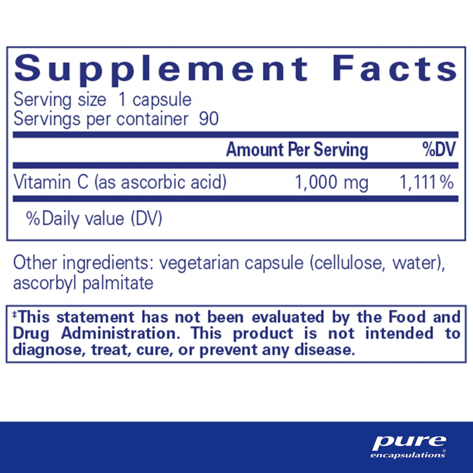 Pure Encapsulations Ascorbic Acid dietary supplement bottle with 90 capsules for immune support.