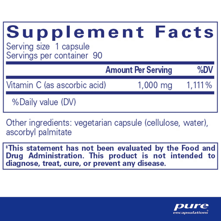 Pure Encapsulations Ascorbic Acid dietary supplement bottle with 90 capsules for immune support.