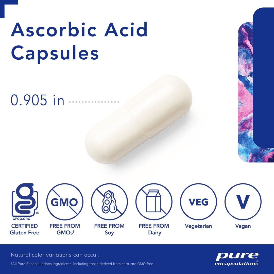 Pure Encapsulations Ascorbic Acid dietary supplement bottles with 90 capsules supporting immune function.