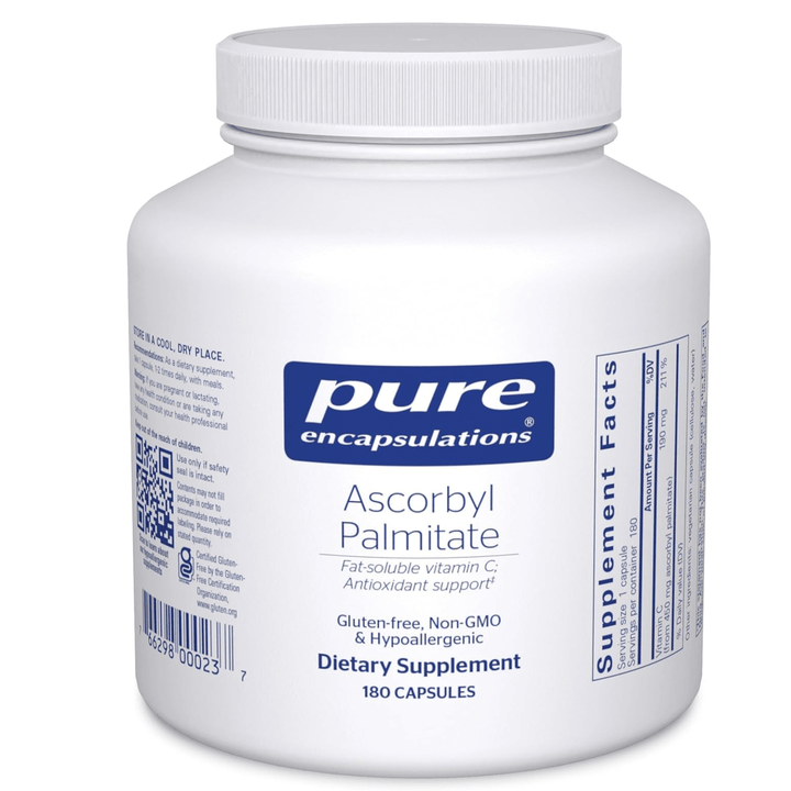 Pure Encapsulations Ascorbyl Palmitate dietary supplement bottles with 180 capsules supporting immune function.