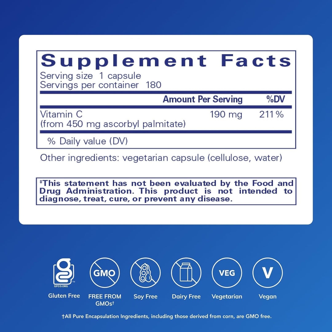 Pure Encapsulations Ascorbyl Palmitate dietary supplement in 180 capsules, supports immune function and antioxidant health.