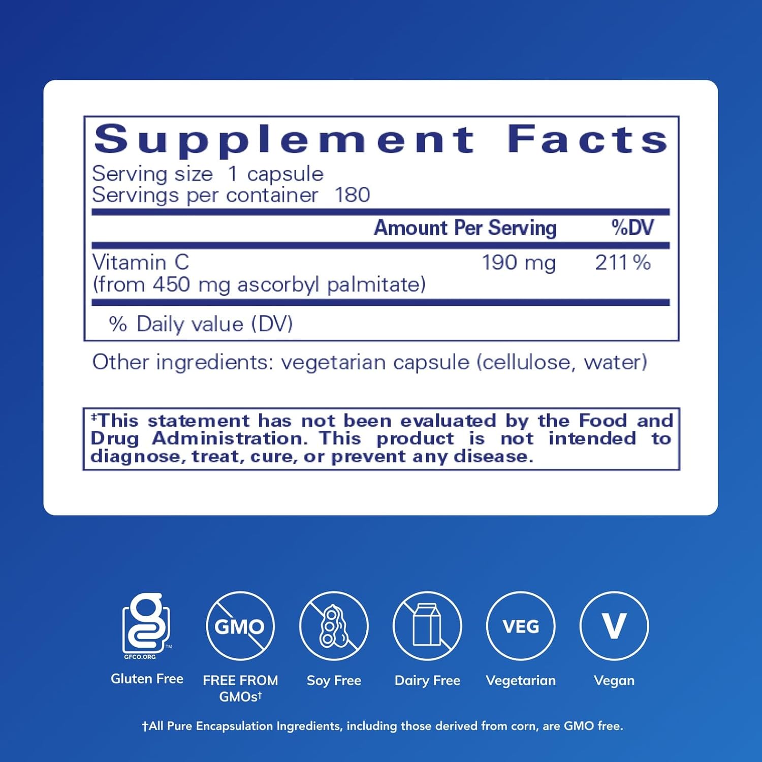 Pure Encapsulations Ascorbyl Palmitate dietary supplement in 180 capsules, supports immune function and antioxidant health.