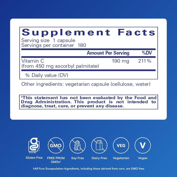 Pure Encapsulations Ascorbyl Palmitate dietary supplement in 180 capsules, supports immune function and antioxidant health.