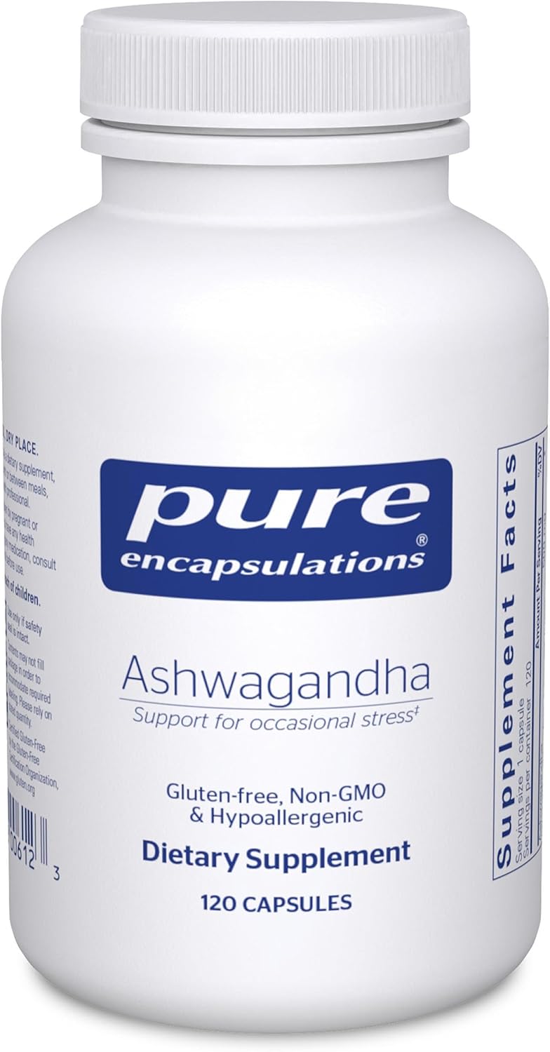 Pure Encapsulations Ashwagandha extract dietary supplement capsules for supporting metabolism and immunity.