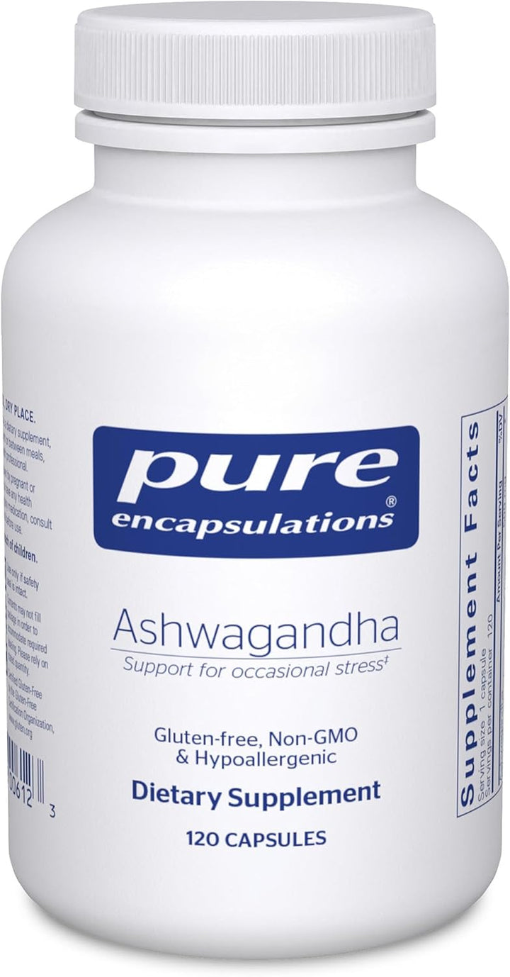 Pure Encapsulations Ashwagandha extract dietary supplement capsules for supporting metabolism and immunity.