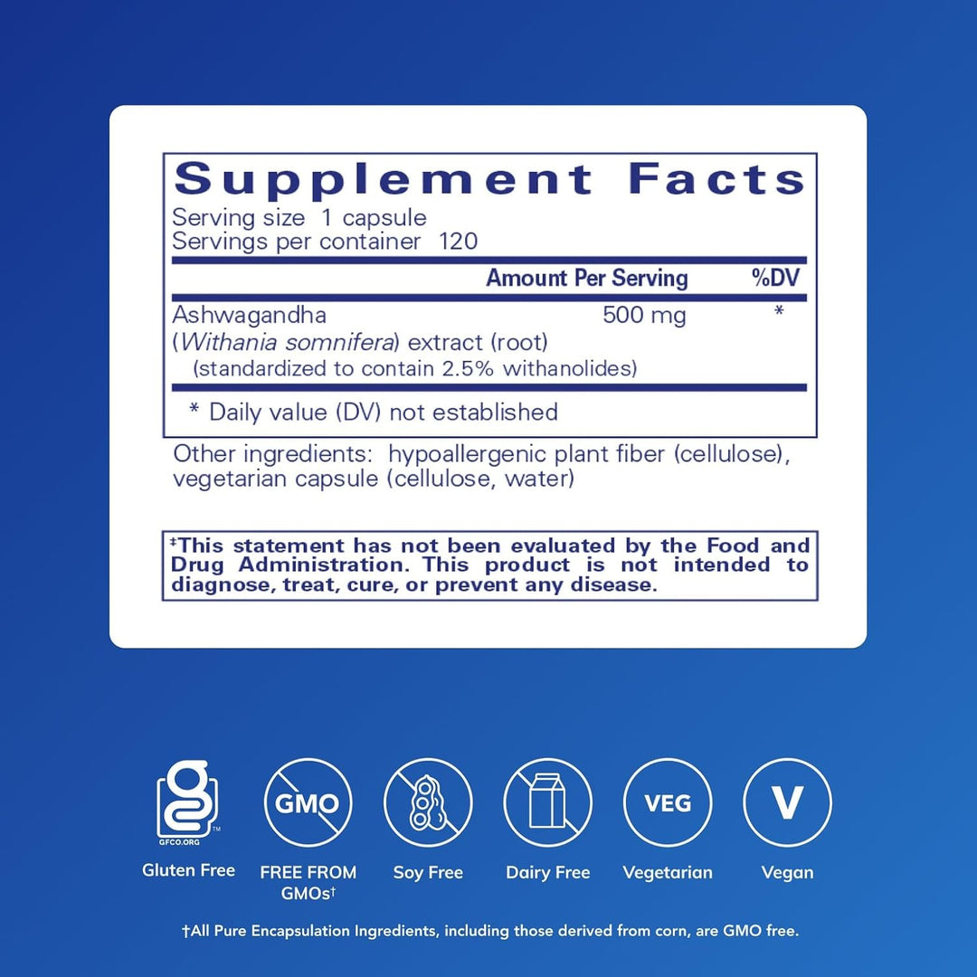 Pure Encapsulations Ashwagandha extract dietary supplement bottle with 120 capsules for metabolism and immunity support.