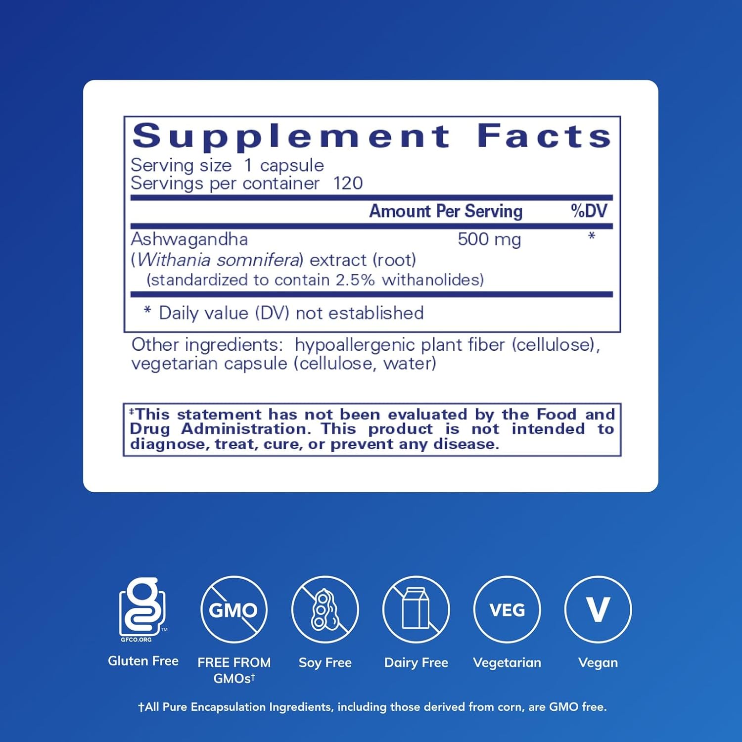 Pure Encapsulations Ashwagandha extract dietary supplement bottle with 120 capsules for metabolism and immunity support.