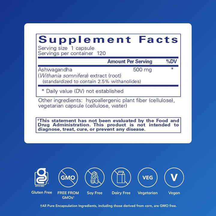 Pure Encapsulations Ashwagandha extract dietary supplement bottle with 120 capsules for metabolism and immunity support.