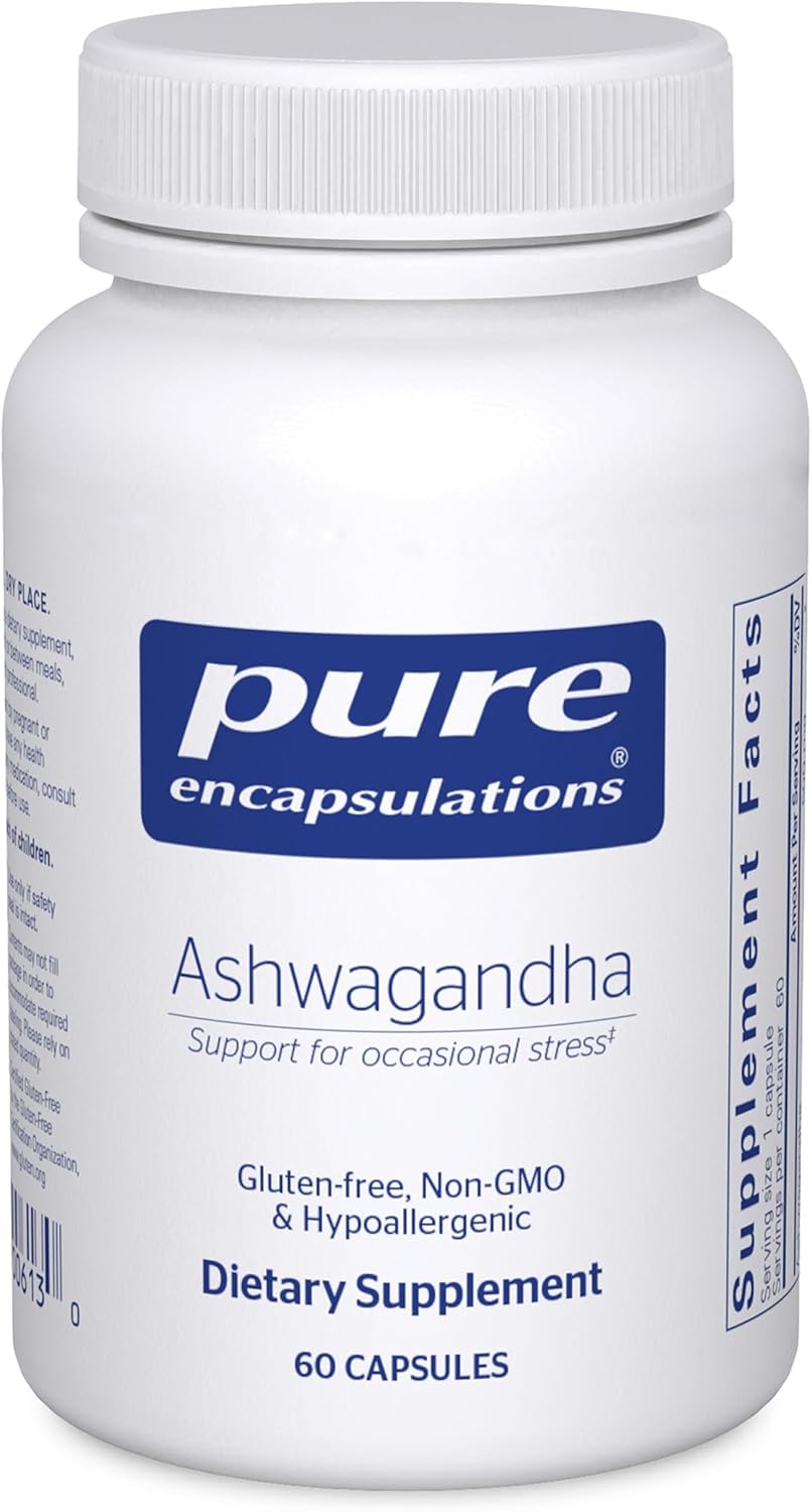 Pure Encapsulations Ashwagandha Extract dietary supplement capsules for stress relief and immune support, 60 capsules.