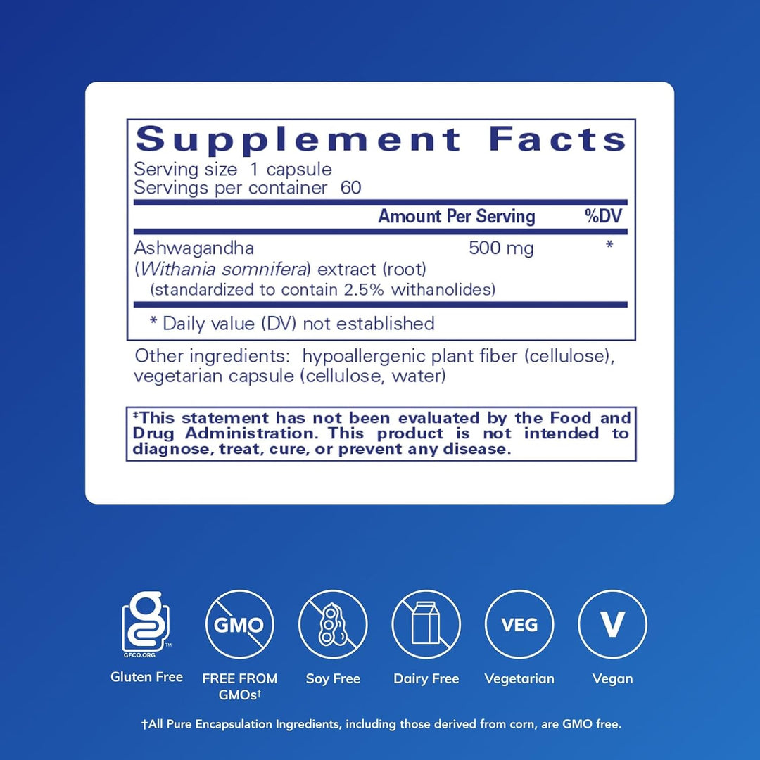 Pure Encapsulations Ashwagandha Extract dietary supplement capsules supporting stress relief and immune health.