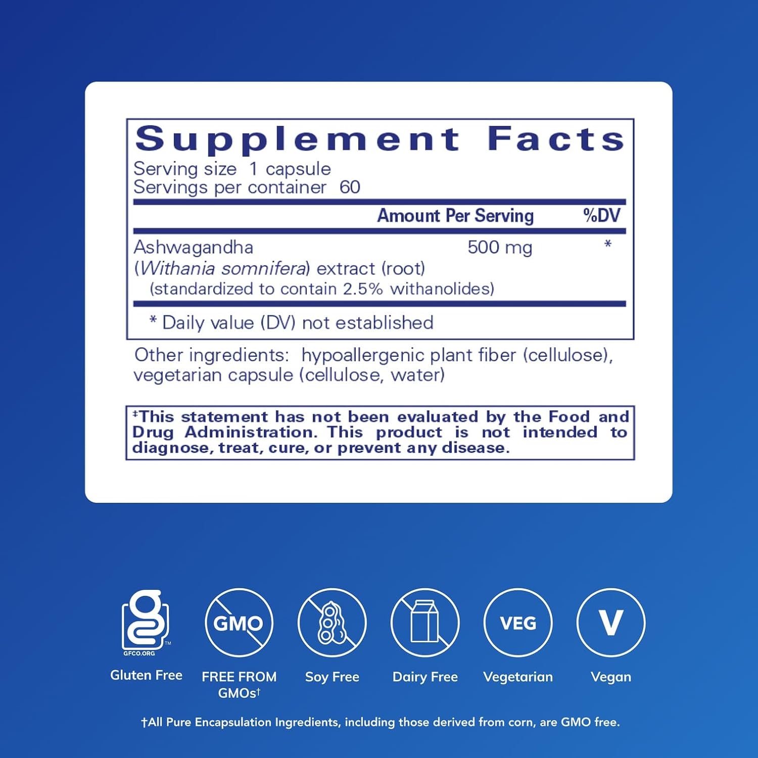 Pure Encapsulations Ashwagandha Extract dietary supplement capsules supporting stress relief and immune health.