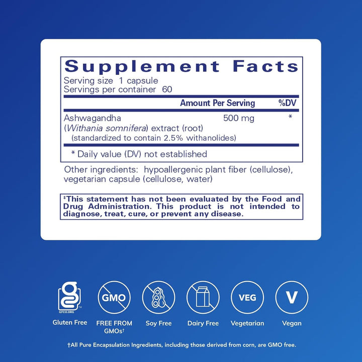Pure Encapsulations Ashwagandha Extract dietary supplement capsules supporting stress relief and immune health.