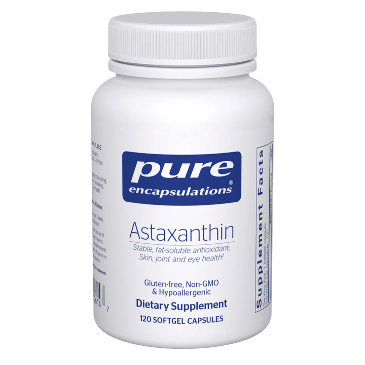 Pure Encapsulations Astaxanthin dietary supplement capsules supporting eye and skin health, shown in a bottle with 120 capsules.