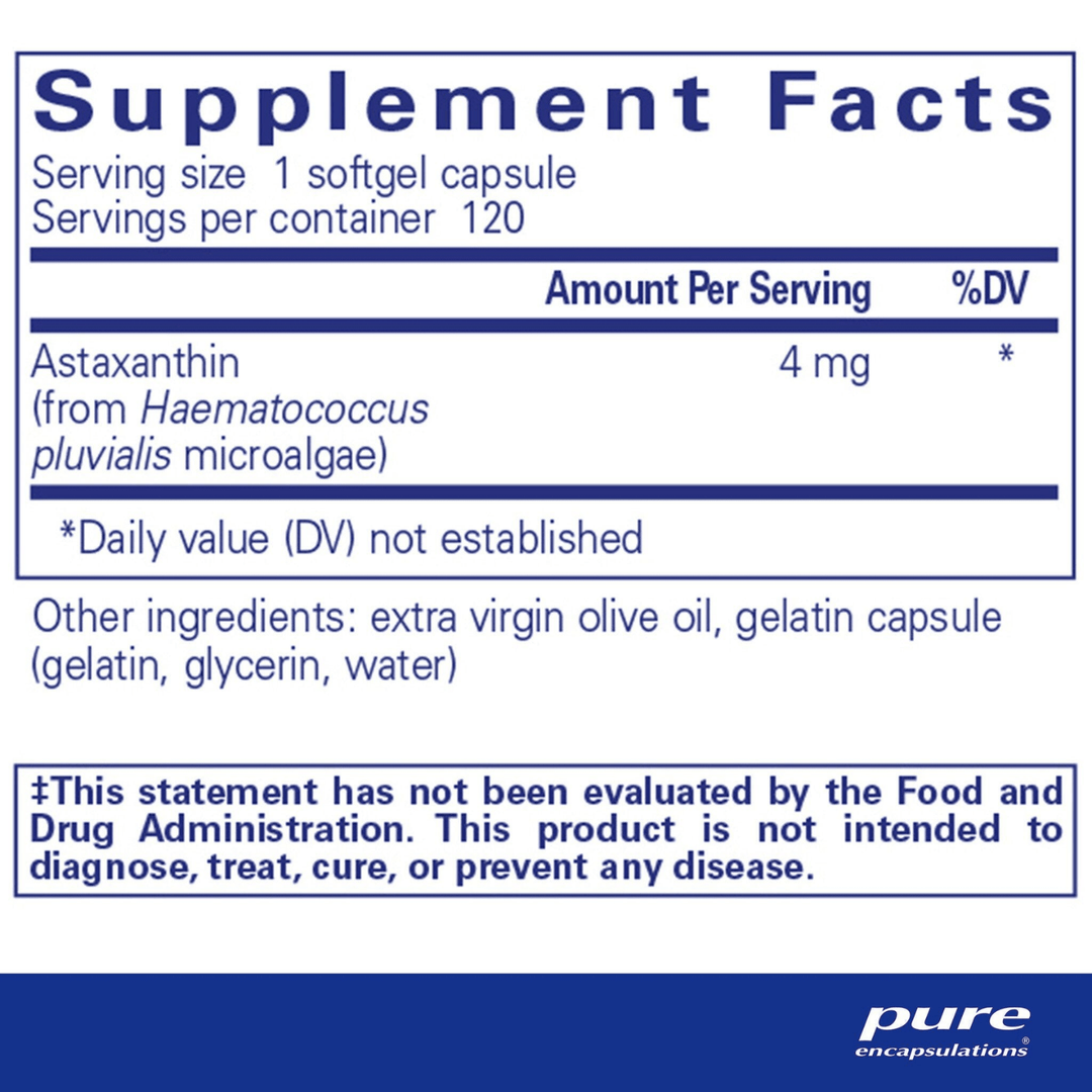 Pure Encapsulations Astaxanthin dietary supplement capsules supporting eye and skin health, shown in a bottle.