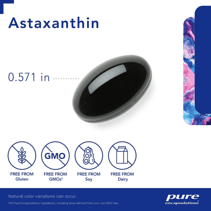 Pure Encapsulations Astaxanthin dietary supplement bottle with 120 capsules, supporting eye and skin health.
