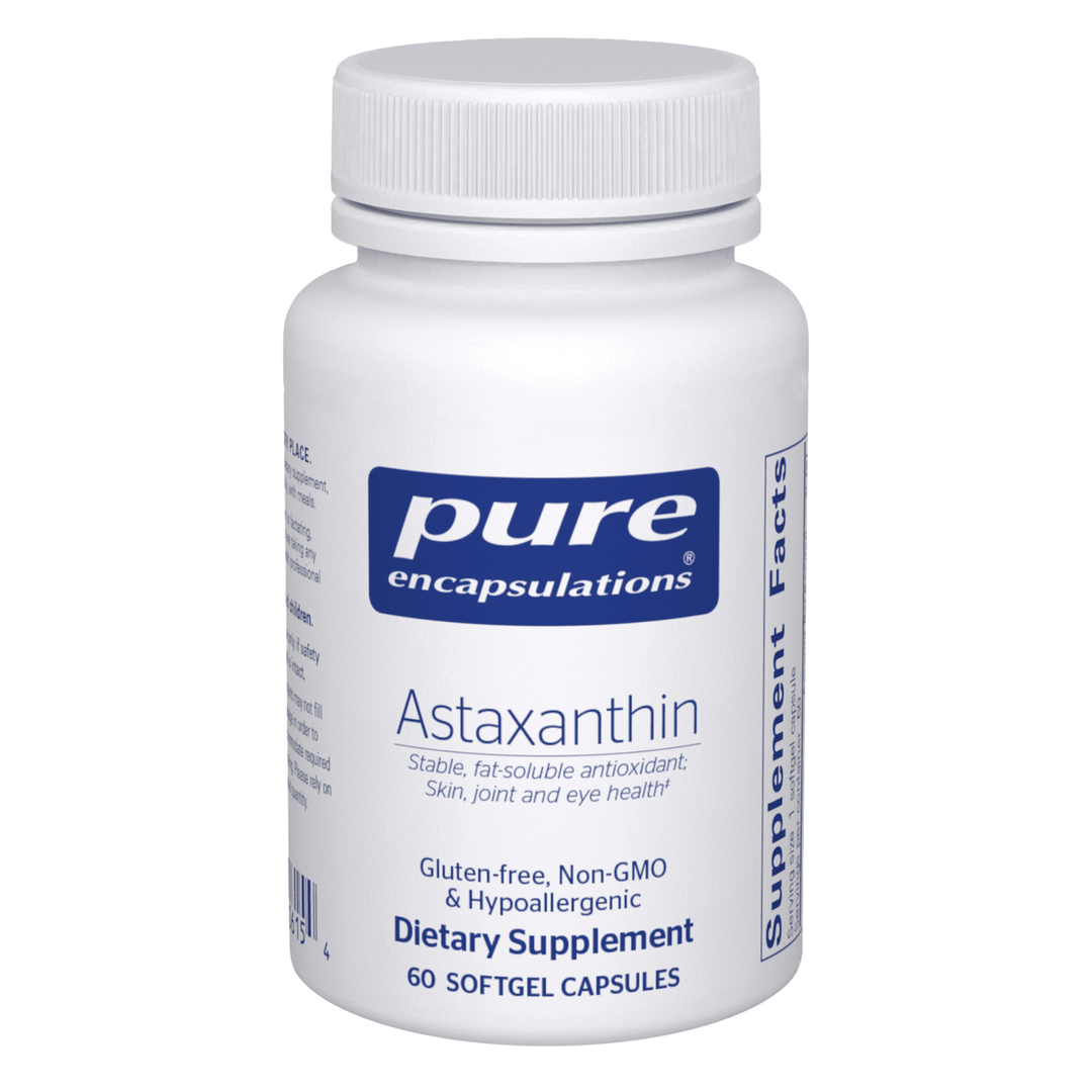 Pure Encapsulations Astaxanthin dietary supplement capsules supporting eye and skin health, displayed in a bottle with 60 capsules.