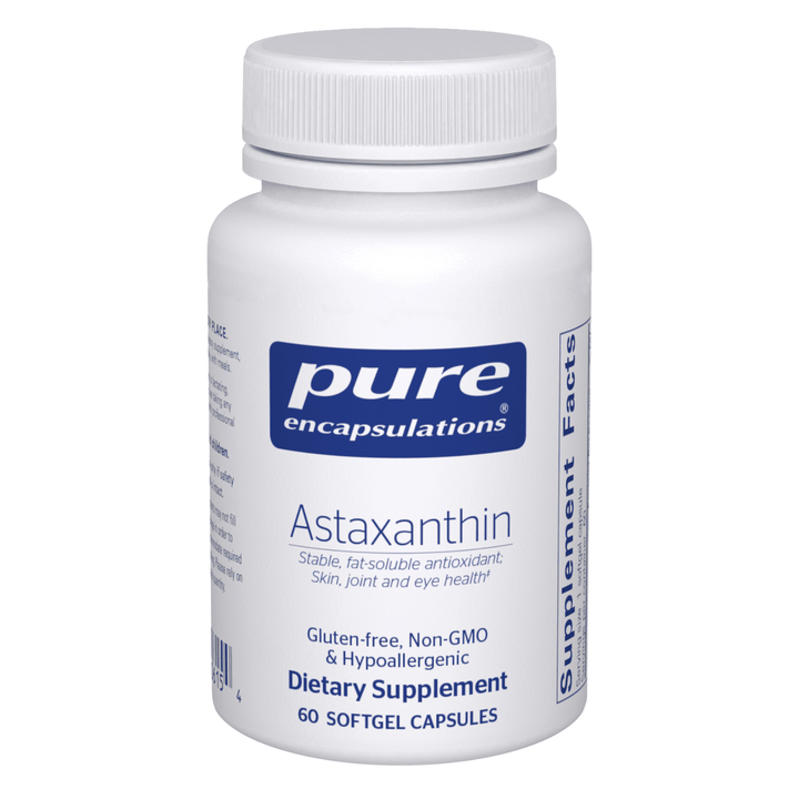 Pure Encapsulations Astaxanthin dietary supplement capsules supporting eye and skin health, displayed in a bottle with 60 capsules.